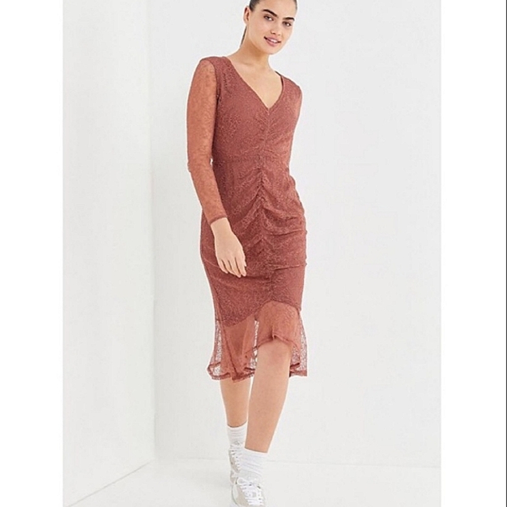 NWT Urban Outfitters mauve ruched open back cut out sheer lace overlay dress XS